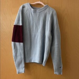 Calvin Klein Light Blue Ribbed Wool Crewneck Sweater with Burgundy Elbow Patch